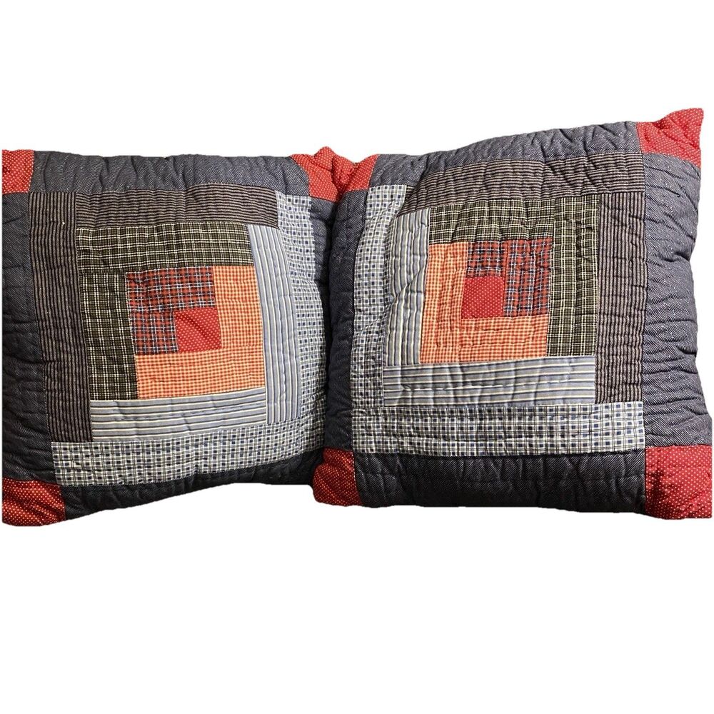 Pair of Hand-Stitched QUILTED Log Cabin Throw Pillows 15x15 Americana Patchwork